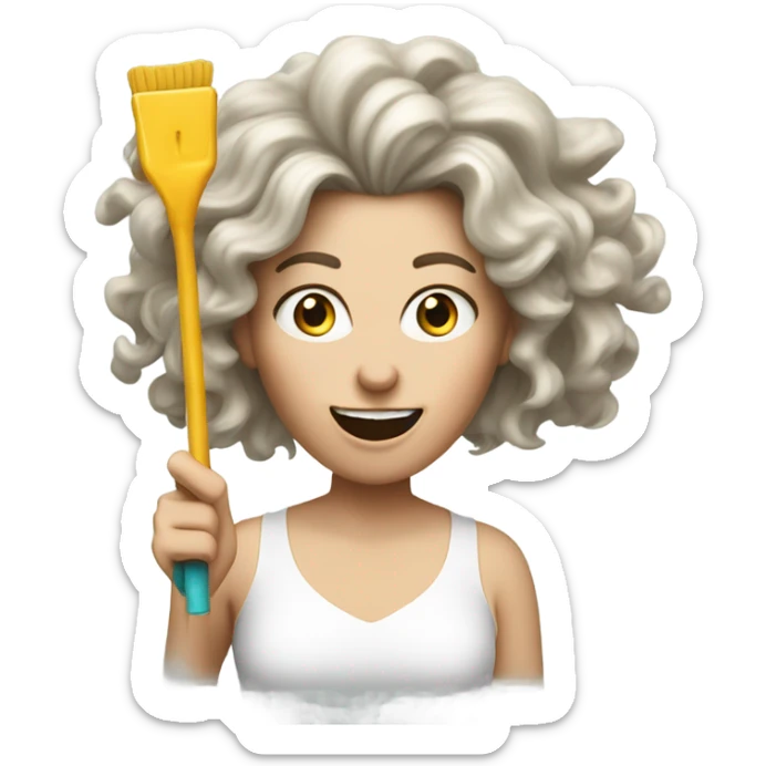 40-year-old white woman woman partying dizzyingly, with long frizzy hair and party tools. She looks dizzy, disheveled and fun sticker