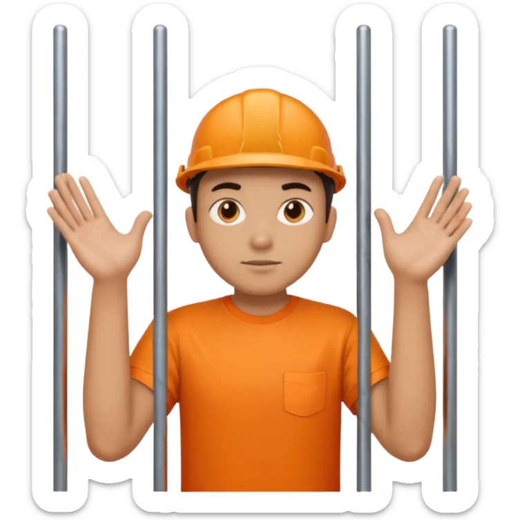 prisoner with orange shirt, many metal bars in front of him and he touches the bars sticker