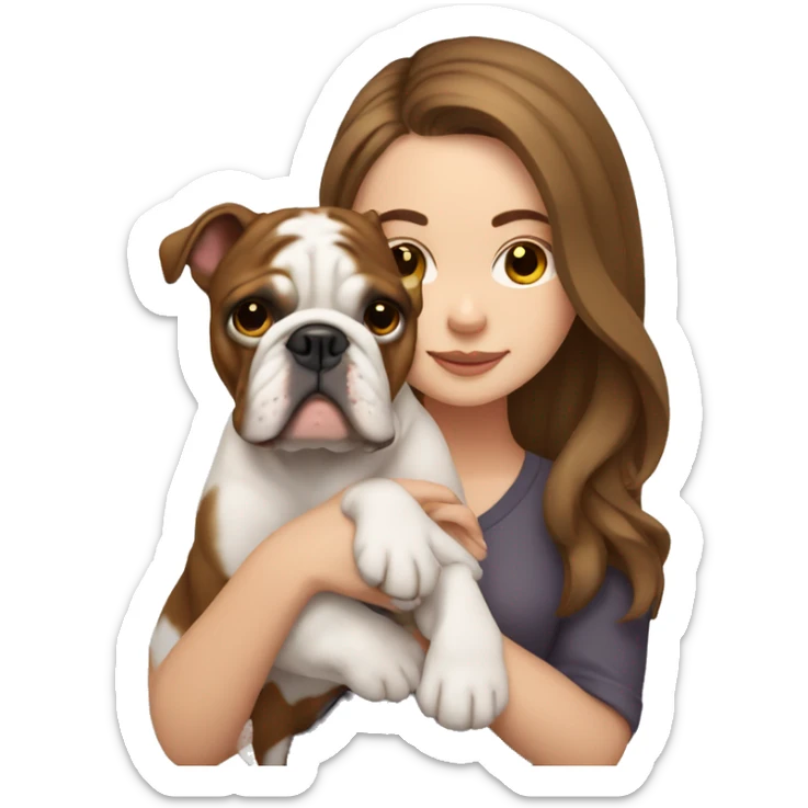 White girl with brown hair holding English bulldog sticker