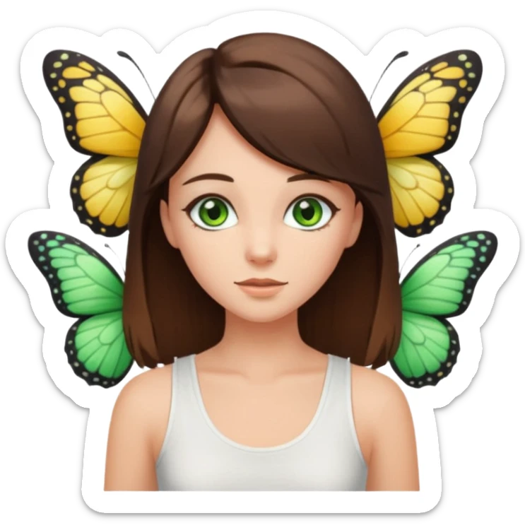 girls with long brown hair, green eyes, a white tank top, and a butterfly haircutbrunette girl with green eyes sticker
