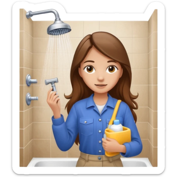 beautiful girl with long brown hair constructing new bathroom area with new shower and amenities  sticker