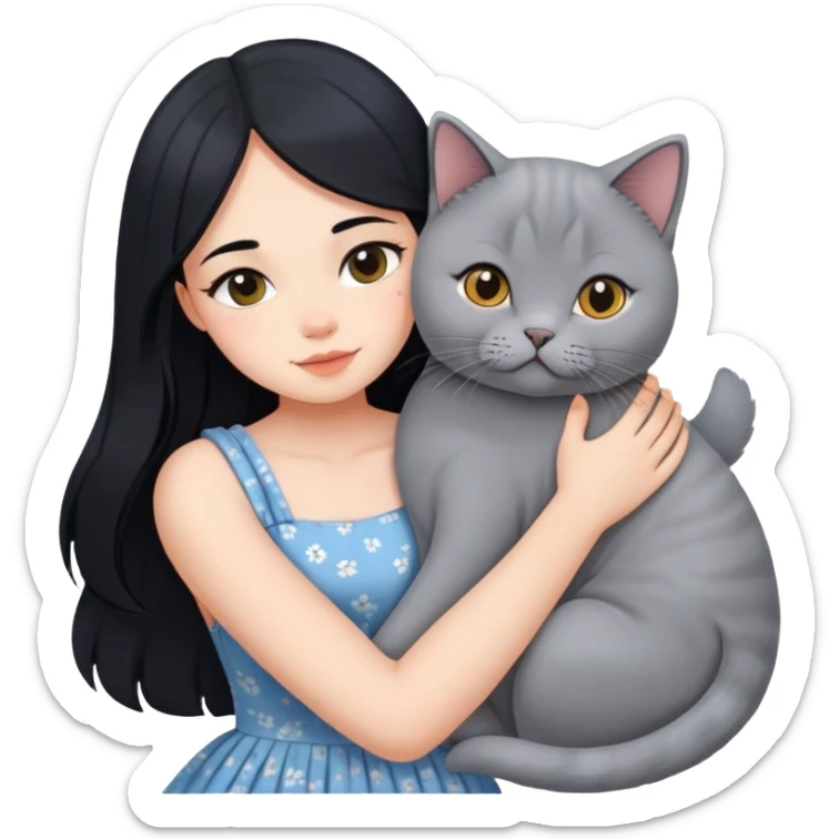 A beautiful girl with long black hair wearing a sun dress hugs a British Shorthair sticker