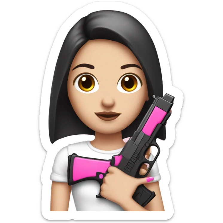 White Girl hand pink nails holding pink gun with black hair and brown eyes sticker