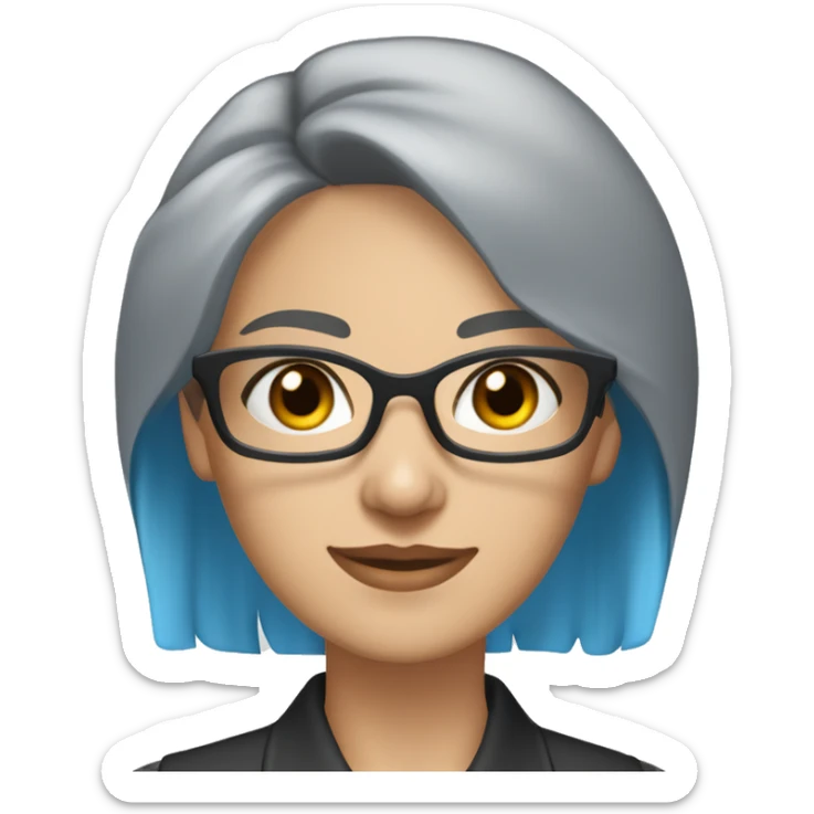 Caucasian woman with chin length choppy blue hair and grey eyes wearing light grey square-shaped glasses and a black collared shirt sticker