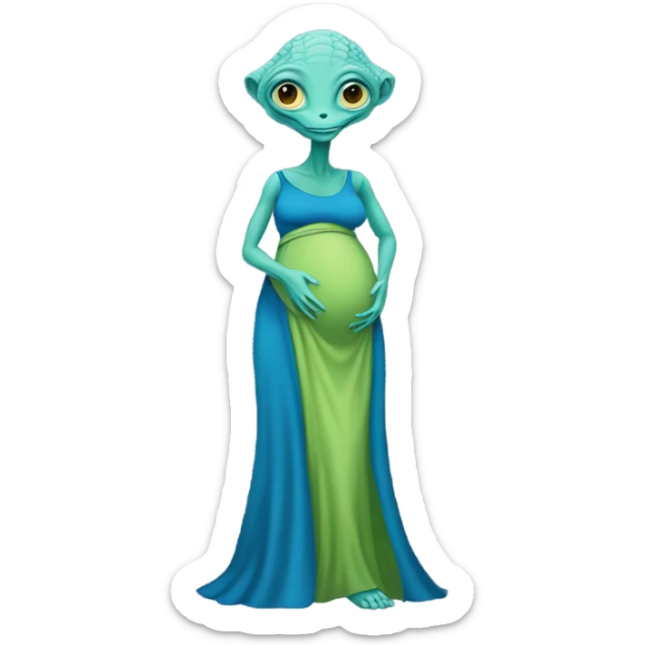 Pregnant Reptilian alien woman, full body in blue dress sticker