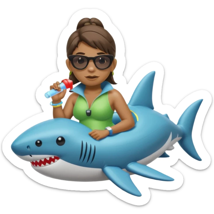 orc female sitting in an inflatable floatie shaped like a shark, wearing oversized sunglasses and a whistle on a neck cord, 2d sticker