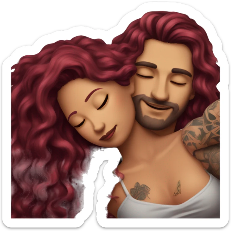 Beautiful tattooed burgundy long haired woman laying on the boyfriends chest sticker