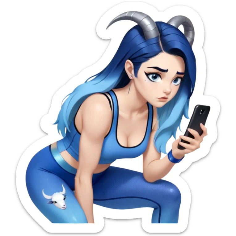 Disapponted-big tears-head back texting on phone-very very large upper body-sexy face-bending forward at waist-very long very straight dark blue to light blue ombre hair-and-blue eyes-thick black eyeliner-cute goat horns-iridescent blue lowcut tanktop with black leggings with glitter superman logo sticker