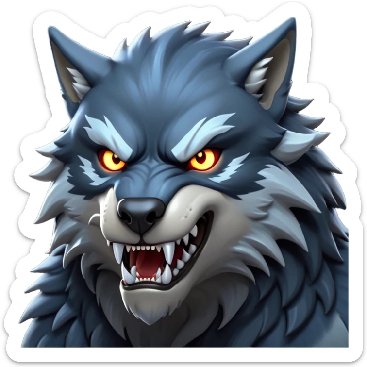 cinematic-noble-fierce-werewolf-head-close-up-emoji, poised-and-imposing, with a fierce wolfish face featuring glowing eyes full of primal ferocity, sharp, elongated fangs and a rugged snout, fur rippling in shades of midnight black and silver, muscles tensed and hunched over in an intense, threatening stance; rendered with realism, capturing the raw, untamed power of the beast beneath the moonlit sky sticker