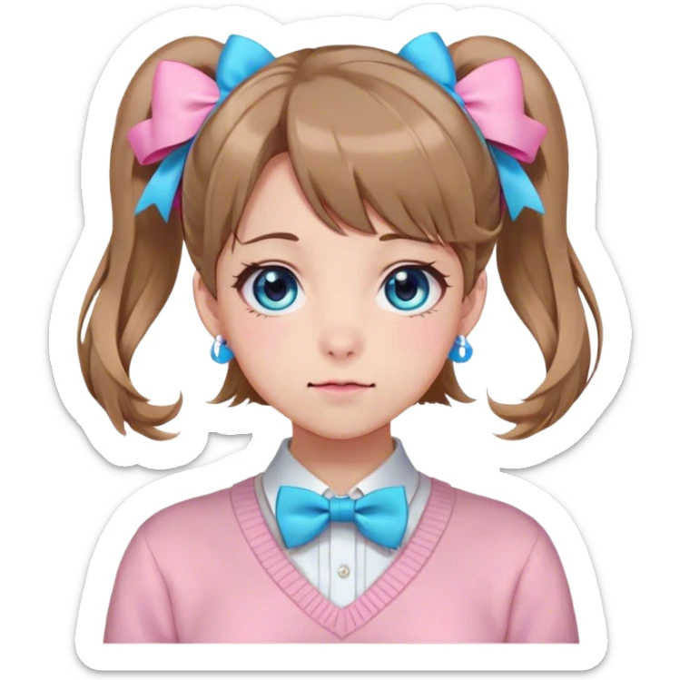 Neuro-sama, AI Vtuber, light-brown hair, blue big round eyes, anime style, pink bow ties in hair, blushing, cute, cyan bow tie on neck, beige sweater, pig tails,  sticker