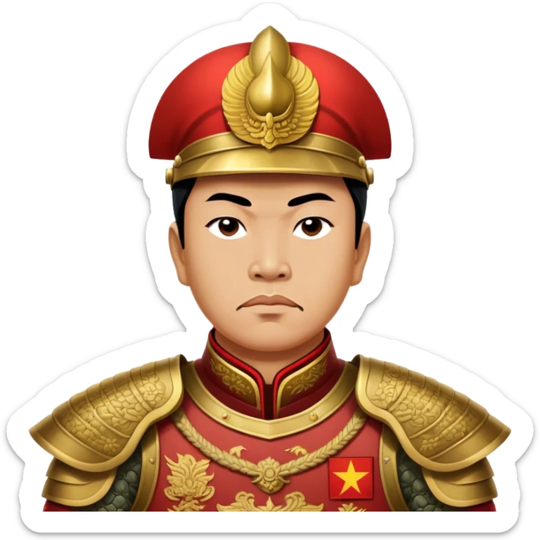 Trần Hưng Đạo – Cinematic Realistic Portrait of Trần Hưng Đạo, depicted as a revered Vietnamese general in traditional armor with a determined gaze, rendered with intricate historical textures and dynamic lighting that highlights his legendary martial spirit and leadership. sticker