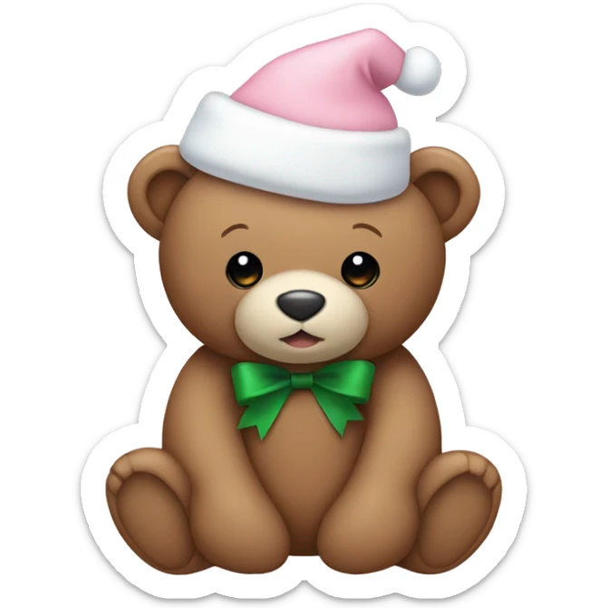 teddy bear with a pale pink christmas hat and a white bow sticker