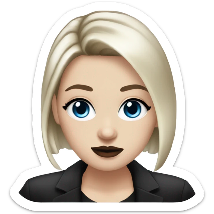 Slavic adult woman, goth eyes makeup, pink lips, blue eyes, medium bob black-to-blonde ombre hair, white T-shirt and black office jacket. sticker