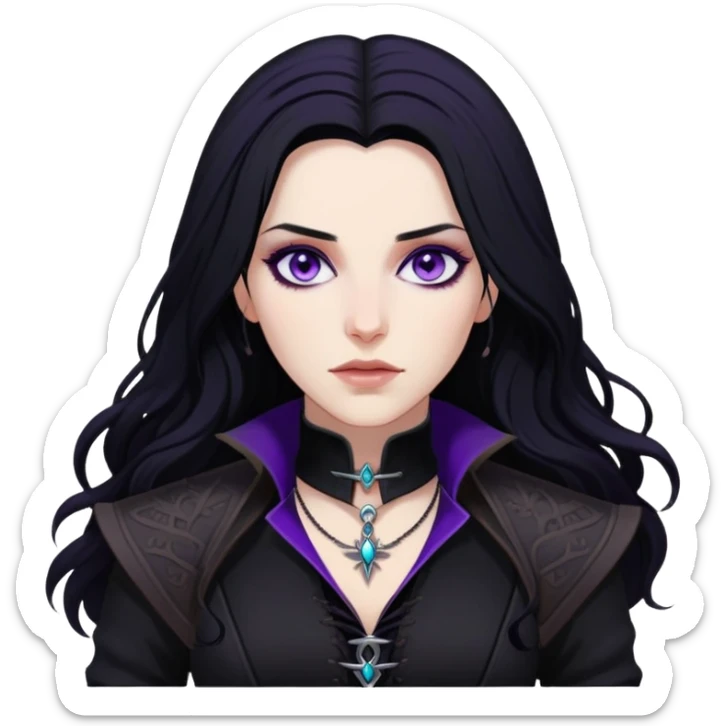 Yennefer from Witcher with long black hair, violet eyes, pale skin, wearing black clothes sticker