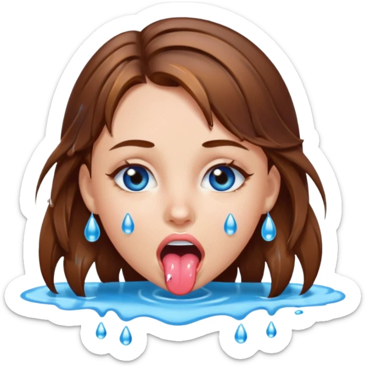 Girl with brown hair, blue eyes, a wet face and her tongue out. Can you make her face more wet? Can you add clear water droplets on her face and tongue? No water below her. Just on her face, hair and tongue. sticker