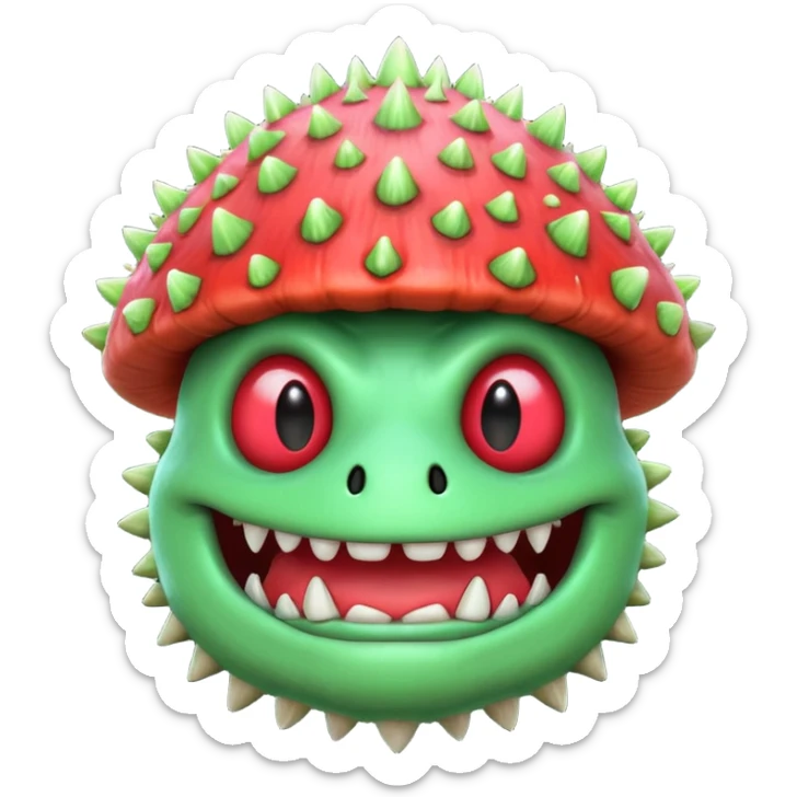 poisonous mushroom monster portrait, head and shoulders only, toxic green glow, scary grin, spiky mushroom head, 3D cartoon, mobile game icon style, clean background, no text, no watermark

 sticker
