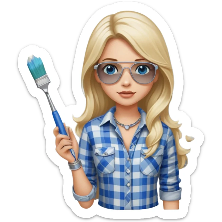 girl with long blond hair, wearing plaid shirt with blue eyes and aviator sunglasses wearing a ring on her silver necklace, holding a wall roller paintbrush sticker