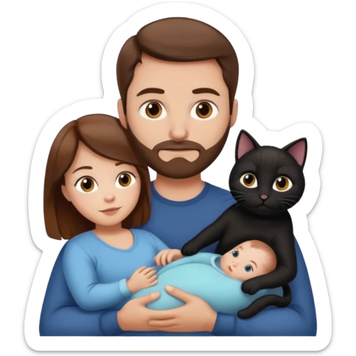 1 mom brown hair, 1 dad NO beard, 1 baby and 1 black cat sticker