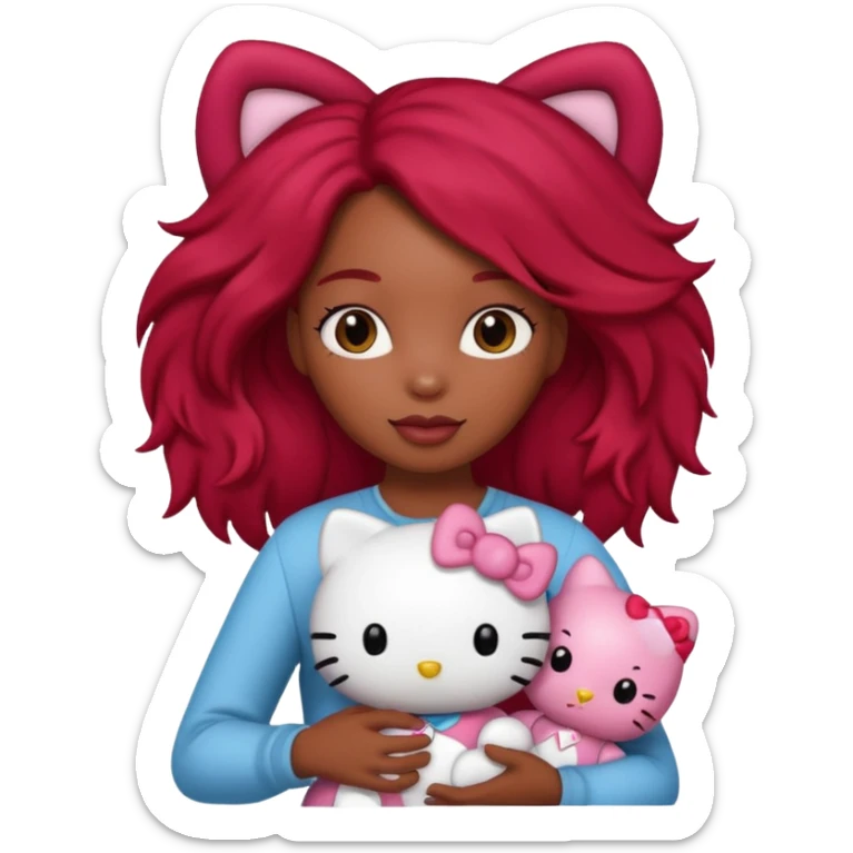 black woman with long brown and red hair, holding a hello kitty plushie  sticker