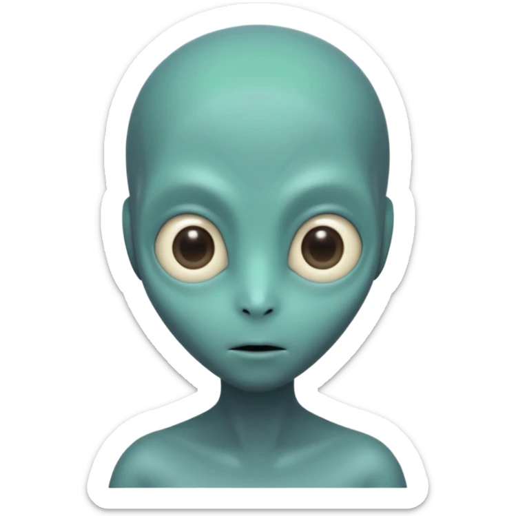 Portrait of an alien with smooth greenish-blue skin, large black oval eyes, small nose, and no visible ears, elongated head, front-facing, wearing brown t-shirt, soft glow, simple futuristic design sticker
