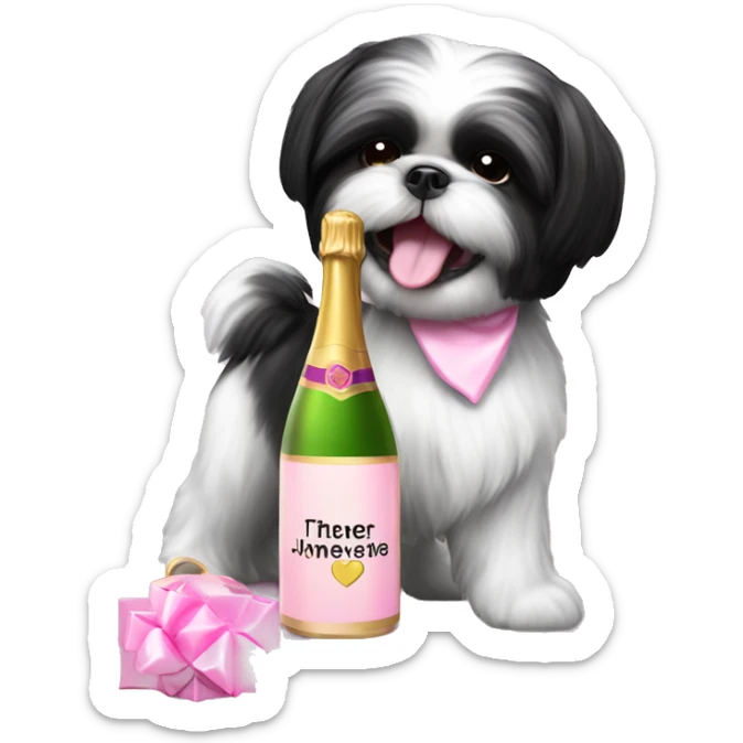 A cute black and white shih tzu playing with a pink bottle of champagne  sticker