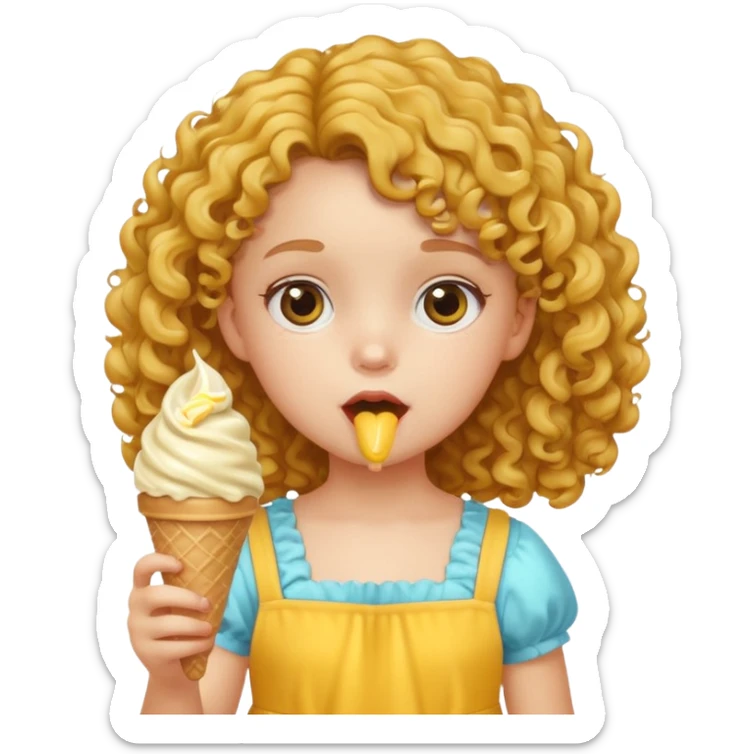 a little girl kid with curly hair, yellow dress, eat ice cream sticker