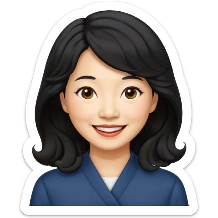 60 yr old asian woman, wavy thick black hair, side part, side swept bang, big smile sticker