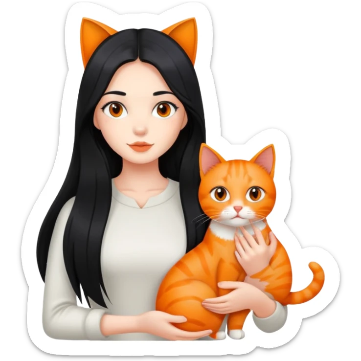 A beautiful girl with fair skin and long black hair is holding two orange cats sticker