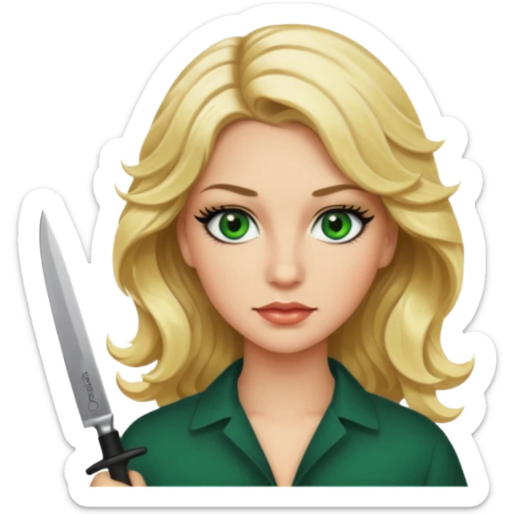Emoji femme blonde cheveux blond ondulé, yeux vert avec de long cils noir qui porte un couteau sticker