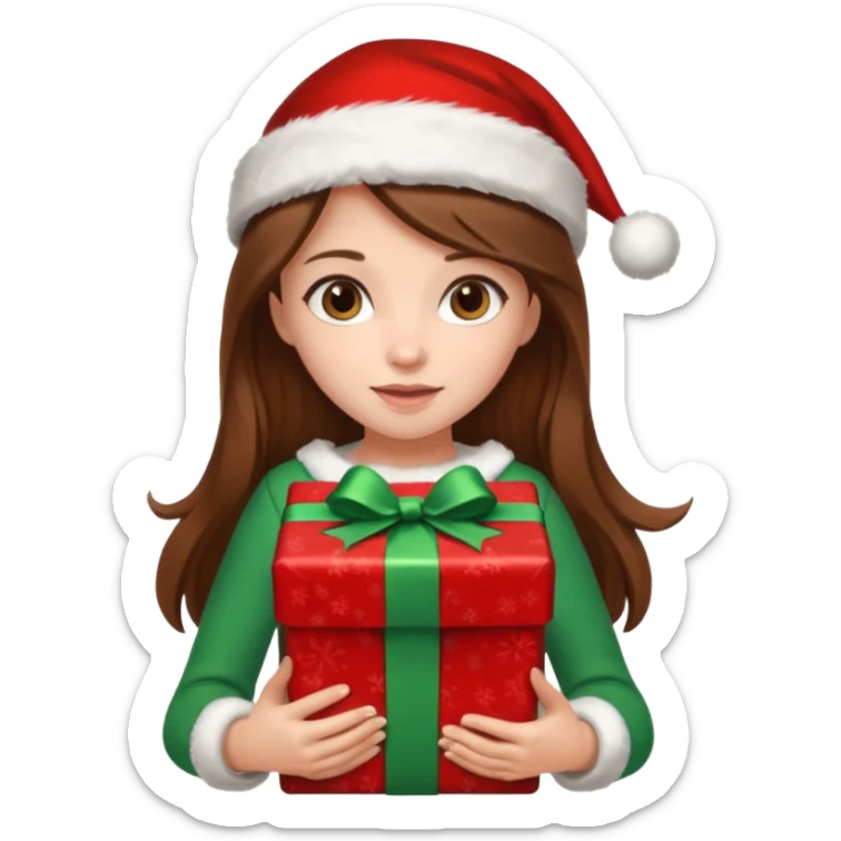 a girl with long brown hair wearing a christmas clothes and holding a gift sticker