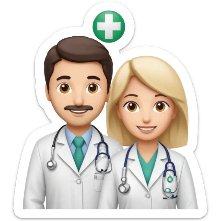 A cute cartoon-style emoji of a Saudi male and female doctors wearing white lab coats with the Alfarabi Medical Laboratories logo. Friendly smiles, soft colors, and simple features, suitable for medical branding and social media. sticker