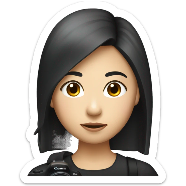 "A woman of Asian descent, with bangs and her hair tied back, dressed in black girl taking photo with canon camera sticker