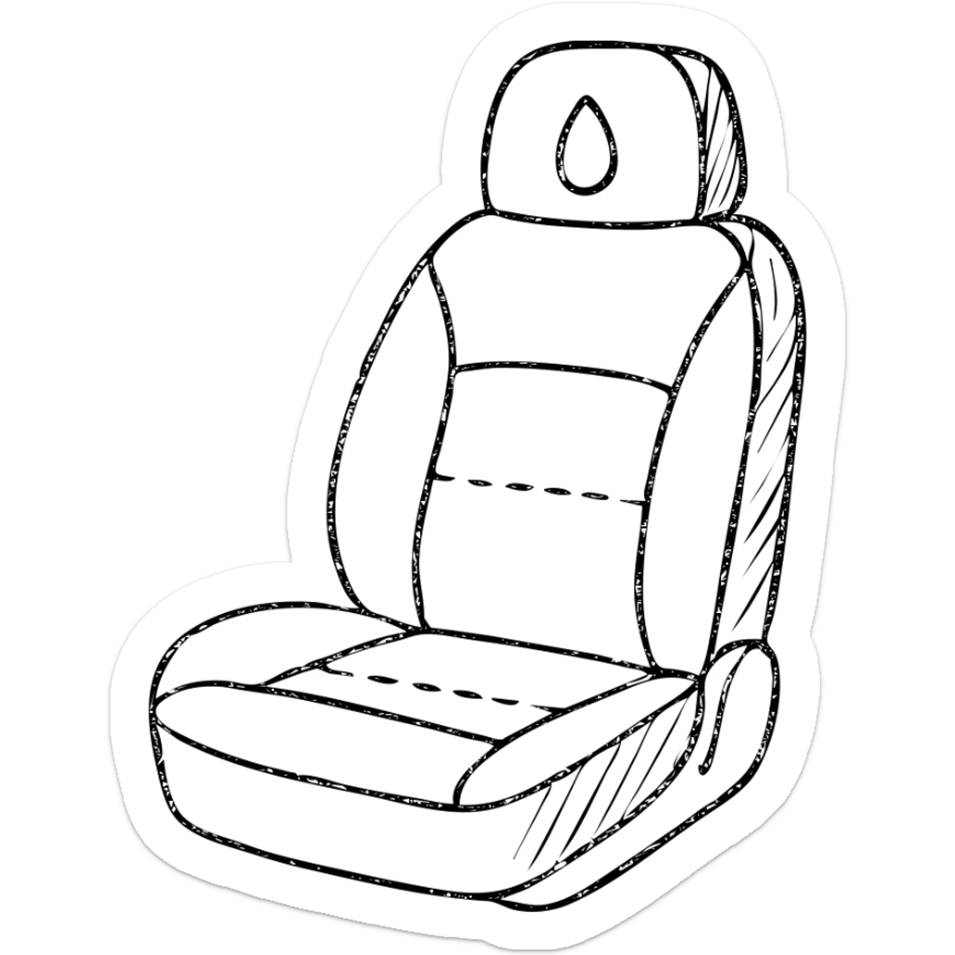 hand-drawn outlined icon of a luxury car seat in matte black with a small droplet or shield on the headrest, elegant stitching, minimalist lines, clean and modern sticker