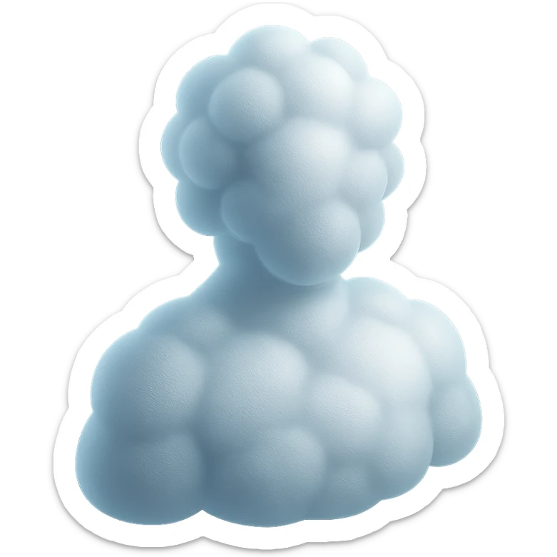front view of a person made entirely of white fluffy convex clouds, shoulders visible, matte glass style sticker