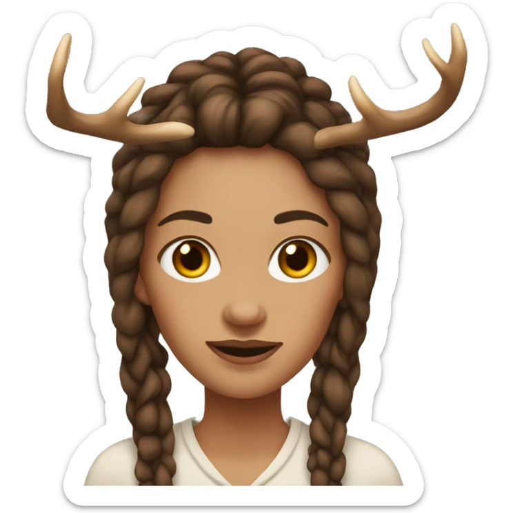 Portrait. Woman has deer antlers, Long brown dreadlocks. Her skin-tone is pale sticker