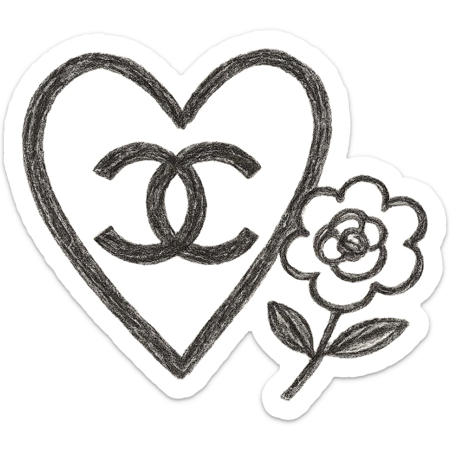 Chanel heart, playful, black and white, with a camellia flower, children doodle style sticker