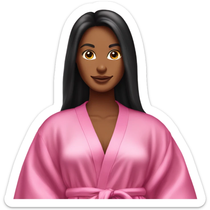 Tanned woman with long black hair wearing a silk pink Victoria’s Secret robe sticker