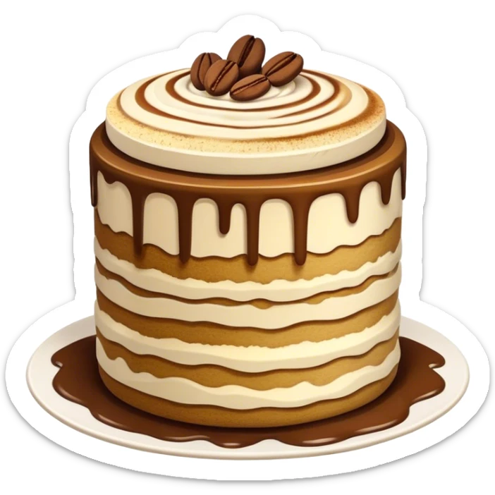 Tiramisu Cinematic Realistic Tiramisu Dessert Emoji, depicted as a delightfully messy, layered tiramisu with coffee-soaked sponge and mascarpone cream, rendered with rich textures and warm, indulgent lighting. sticker