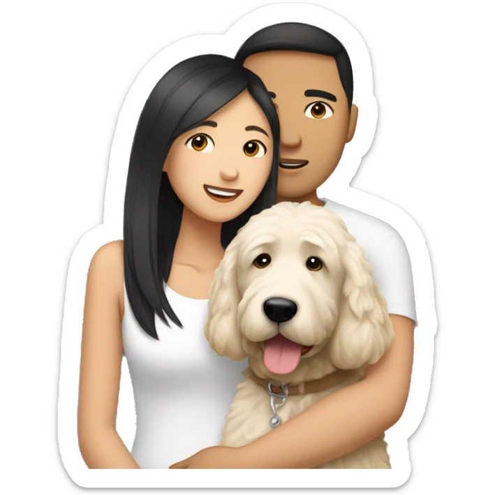 asian couple with straight hair hugging with a big white goldendoodle sticker