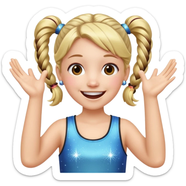 A girl with pigtails and a sparkly top, cheering with both hands raised and a huge smile. sticker