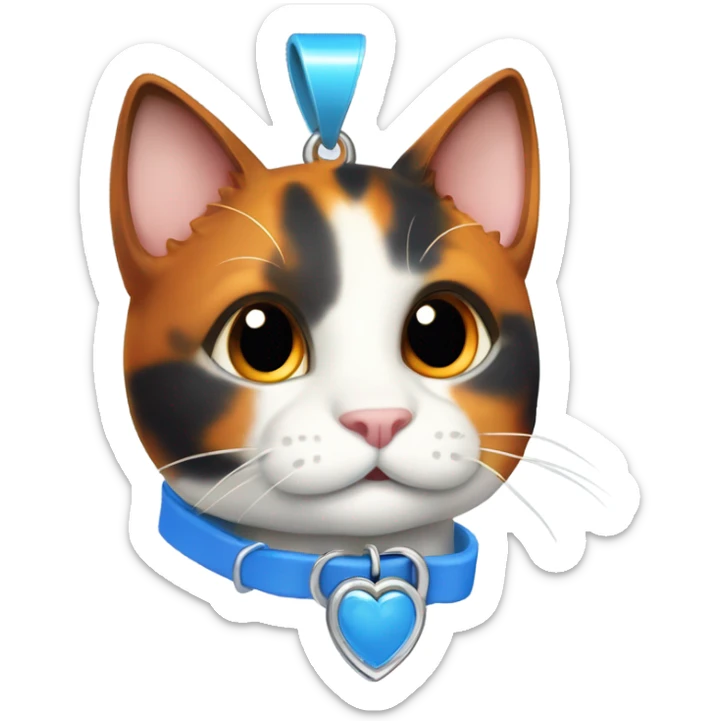 happy cute tortoiseshell white cat with blue cat collar with orange pendant, full body,  from half side perspective  sticker