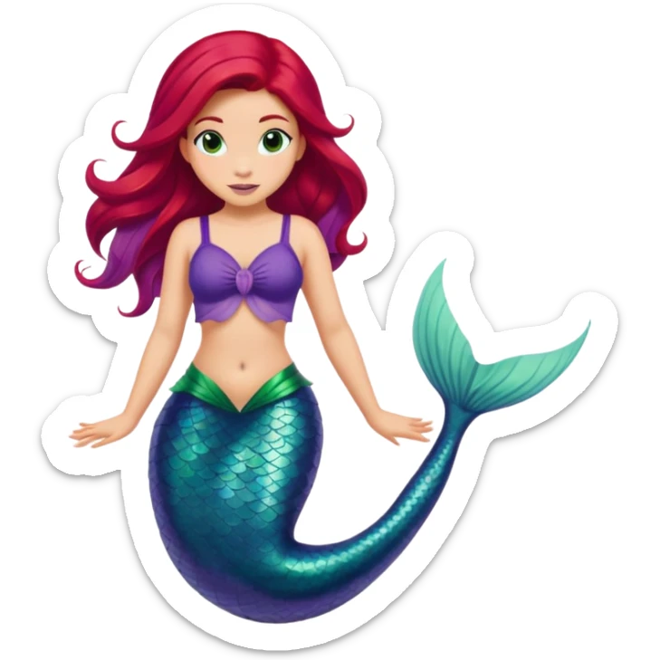Disney Ariel mermaid with red hair swimming, green fish tail, purple top sticker