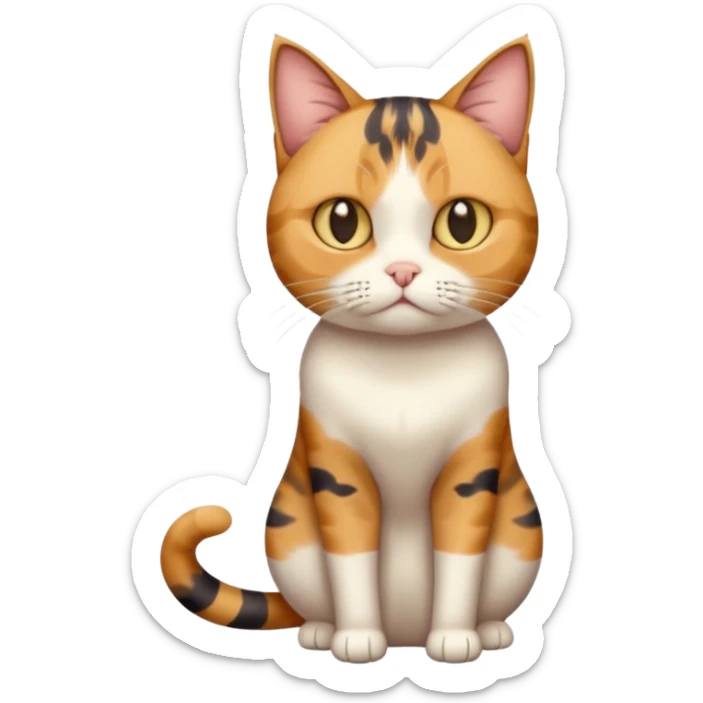 full body calico tabby cat with skinny head and fat body with an anxious face sticker