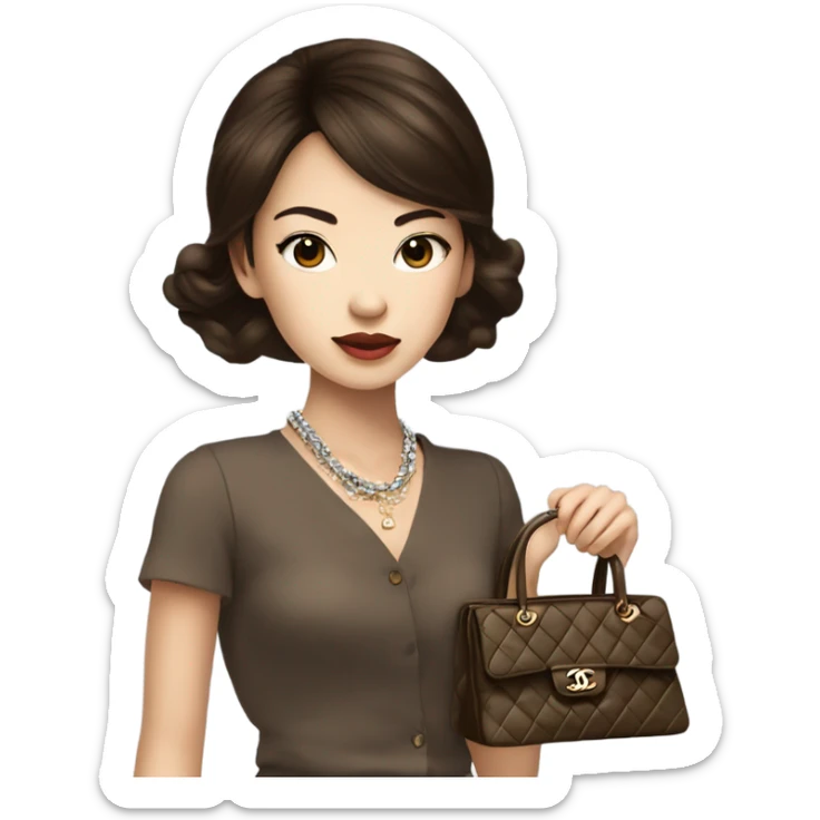 Realistic brown hair blue eyes Chanel Asian Girl with Birkin bag and Chanel necklace sticker