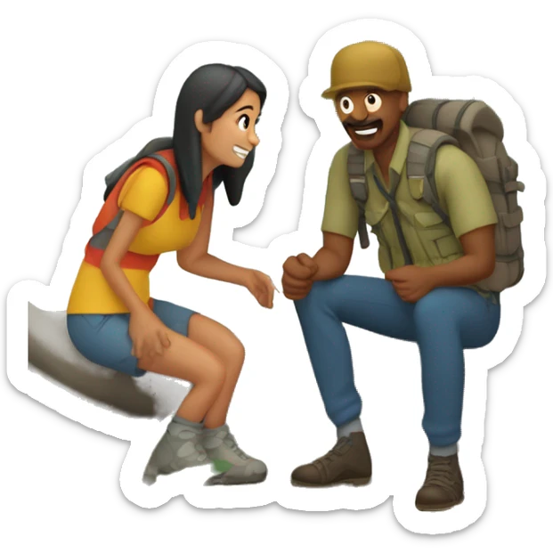 mujer y hombre acampando a la orilla de un lago con montañas de fondo sticker