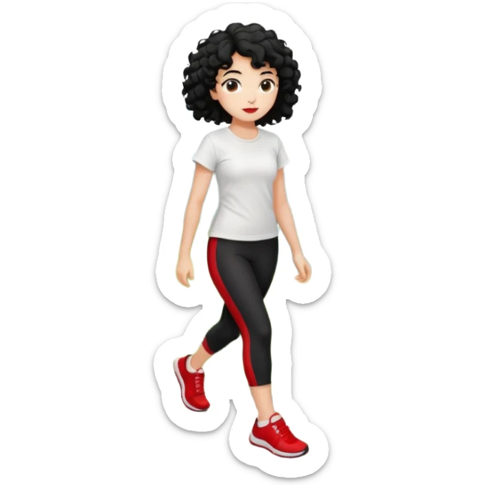 generate a pretty bratz fair skinned girl with curly black hair wearing a white tshirt trekking on a hill road with red sneakers on and black leggings.  Put a hill behind her sticker