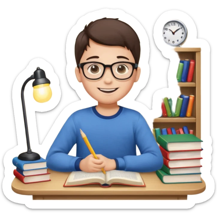 un niño de entre 3 - 10 años estudiando ingles, un destello de luz o colores más vivos para el niño que estudia en su habitacion feliz  sticker
