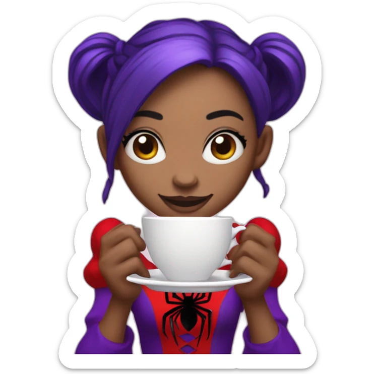 a spider girl with purple skin with pigtails and a red dress and holding teacups in all of her four arms sticker