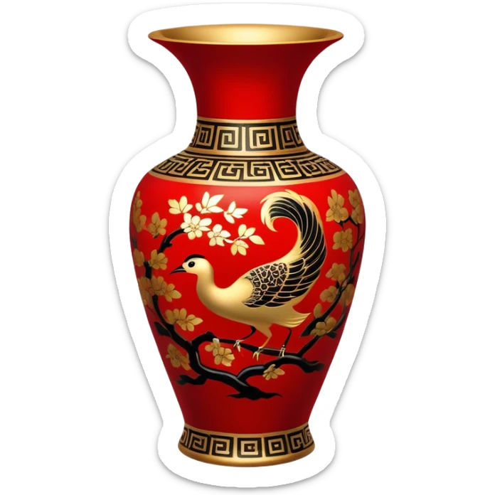 Chinese metal painting icon, intricate hand-painted Chinese patterns on metal vase, painting with a brush process, vibrant colors like red, gold, and black, delicate brushstrokes, visible fine paintbrush and metal surface, minimalistic style, clean lines, transparent background. sticker