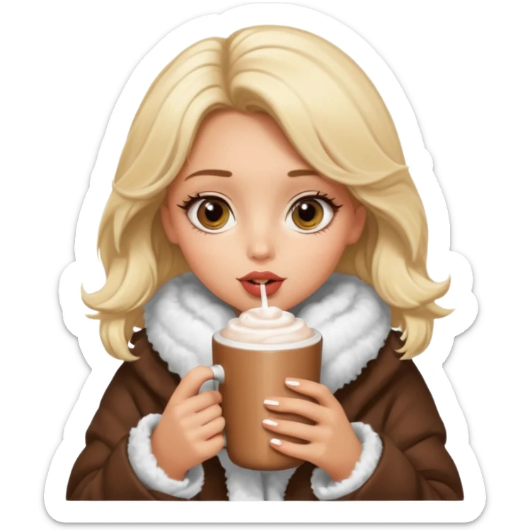 Tanned Girl with lashes , blonde hair, in an extremely big fluffy oversized coat and hold hot chocolate drink and big eyes, big lip sticker